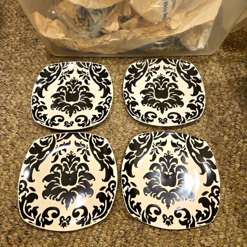 Roscher Damask 4 Salad Plates Black and White Floral Scroll Squarish 8ish"